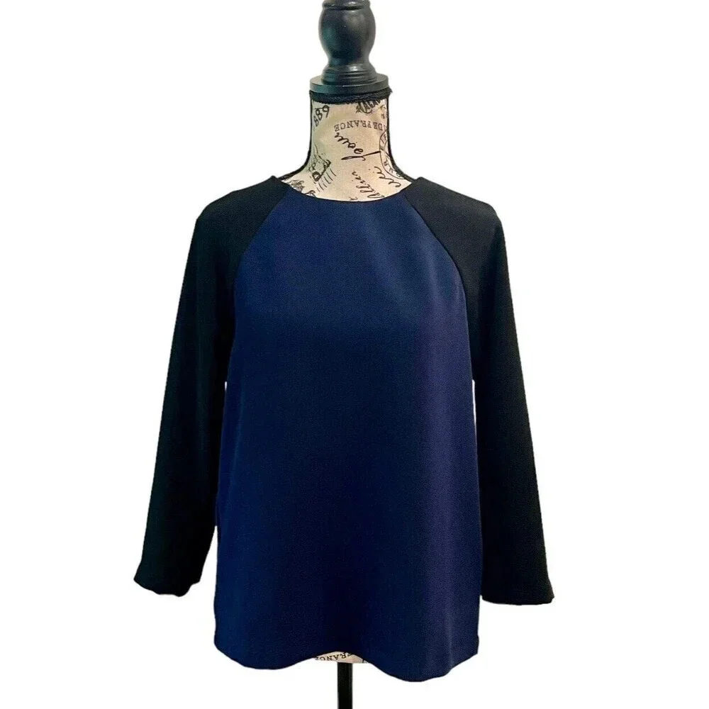 J.Crew Women’s Navy Black Crepe Baseball Blouse Size 2 | Dark Coquette Goth Chic